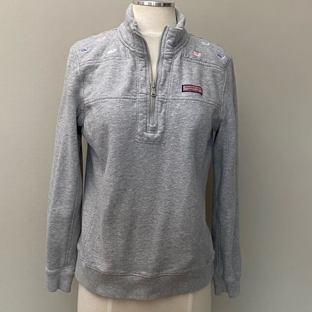 Vineyard Vines Shep Pastel Party Whale Embroidered Gray Quarter Zip Shirt, Small